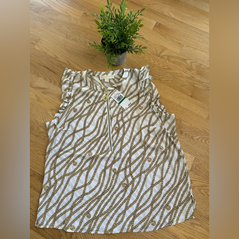 Michael Kors White and Gold Chain Print Top